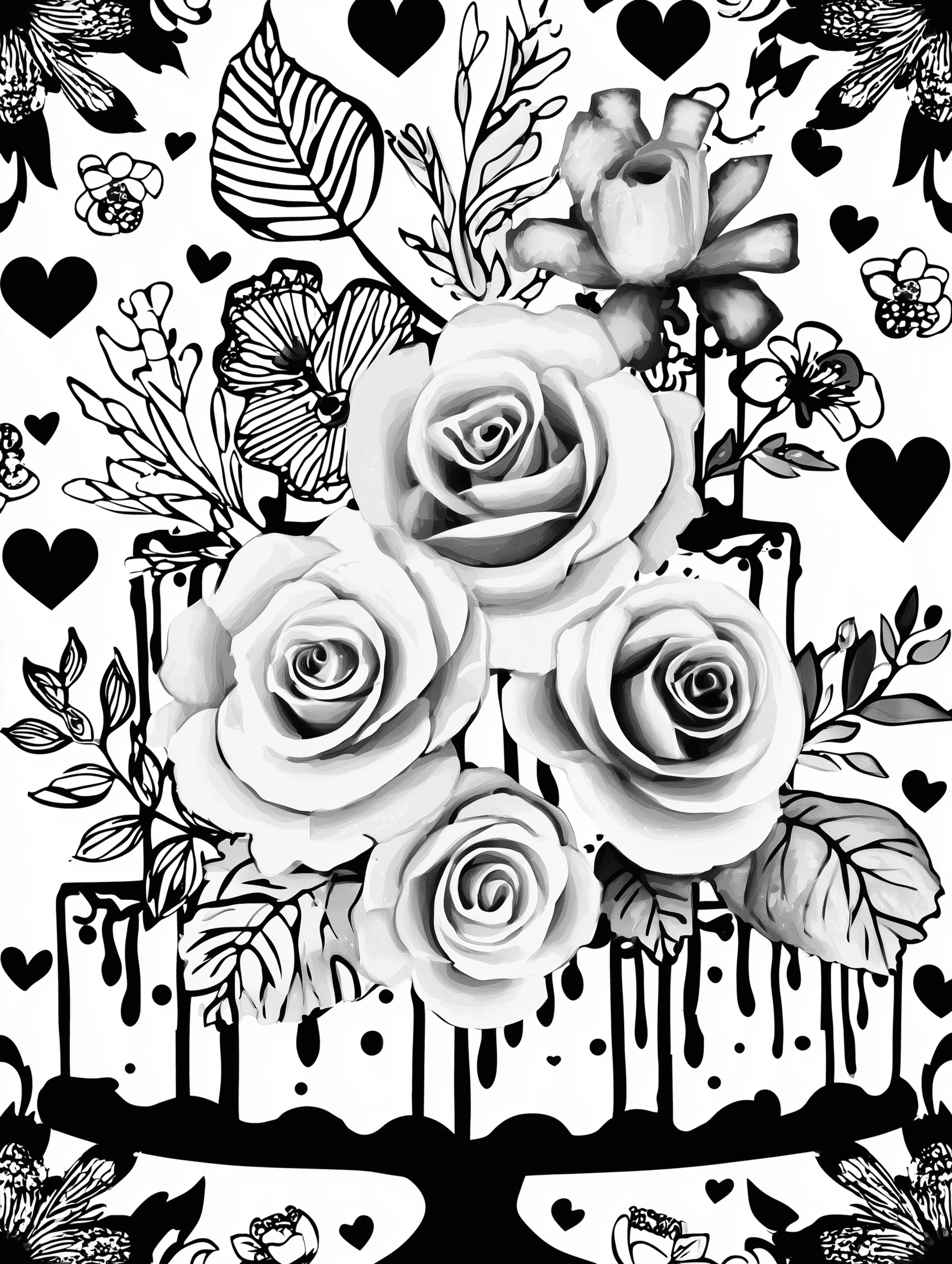 Free printable rose coloring page for adults featuring dripping cake style roses